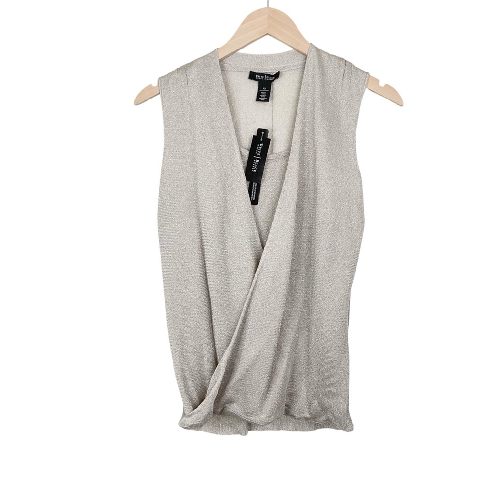White House Black Market Silver Shimmery Draped Wrap-Front Sleeveless Top